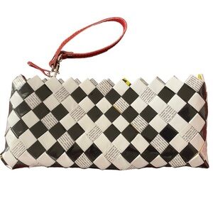 Black & White Nahum Ollin Quirky Newspaper Print Wristlet Clutch
